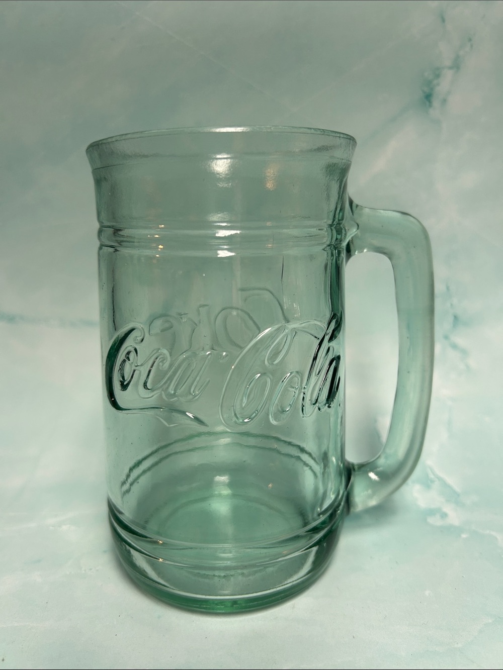 Vintage Coca-Cola Coke Green embossed Glass Stein Mug With Handle 16 oz